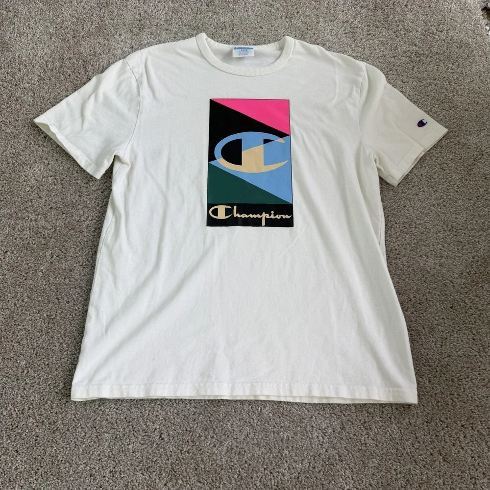 Champion Colorblock Logo Shirt Mens Large White Graphic Athletic Tee T-Shirt